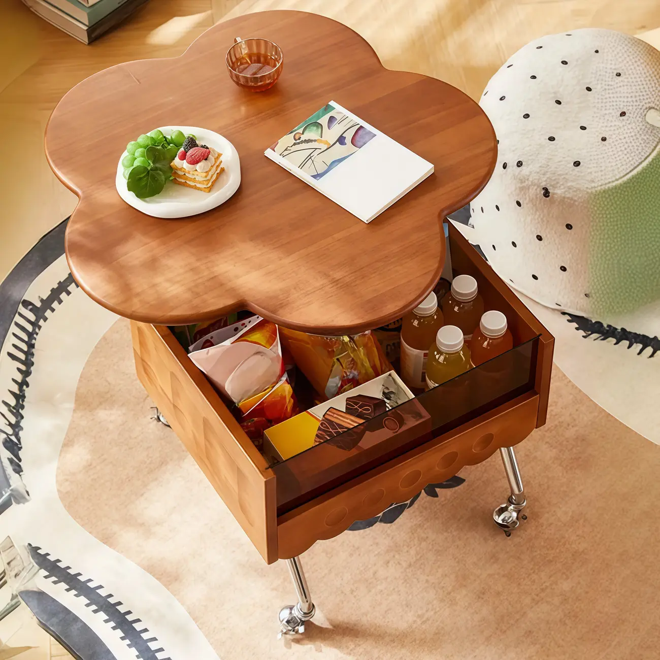  360° Rolling Flower-Shaped Wooden Lift-Top Coffee Table Image - 8 | homeyfad