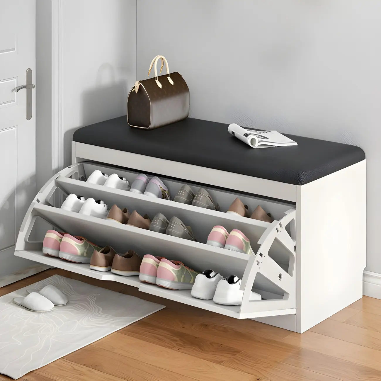 Entryway Wooden Drop Front Shoe Storage Bench Padded Seat Image - 1 | homeyfad