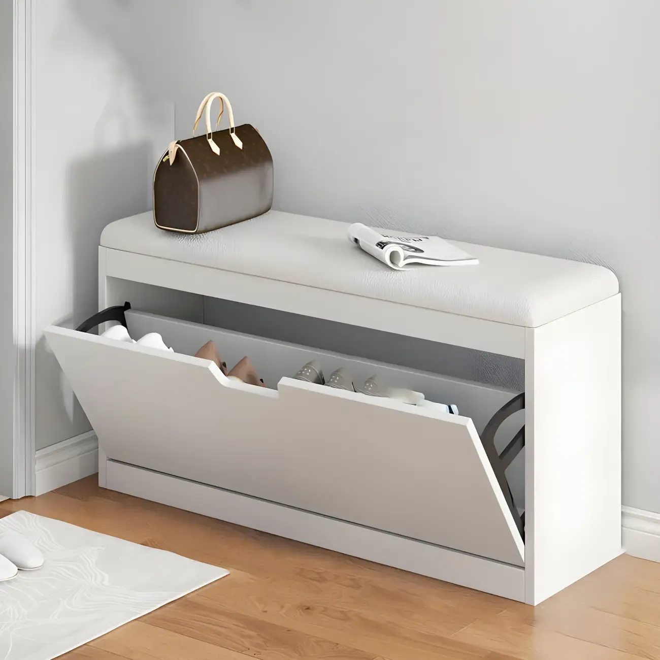 Entryway Wooden Drop Front Shoe Storage Bench Padded Seat Image - 6