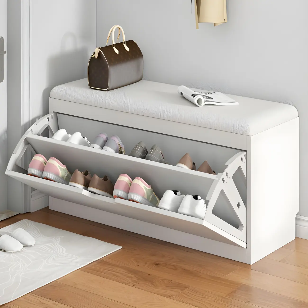 Entryway Wooden Drop Front Shoe Storage Bench Padded Seat Image - 2 | homeyfad