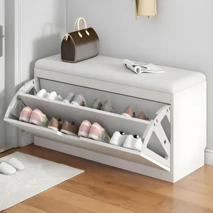 Entryway Wooden Drop Front Shoe Storage Bench Padded Seat Image - 2