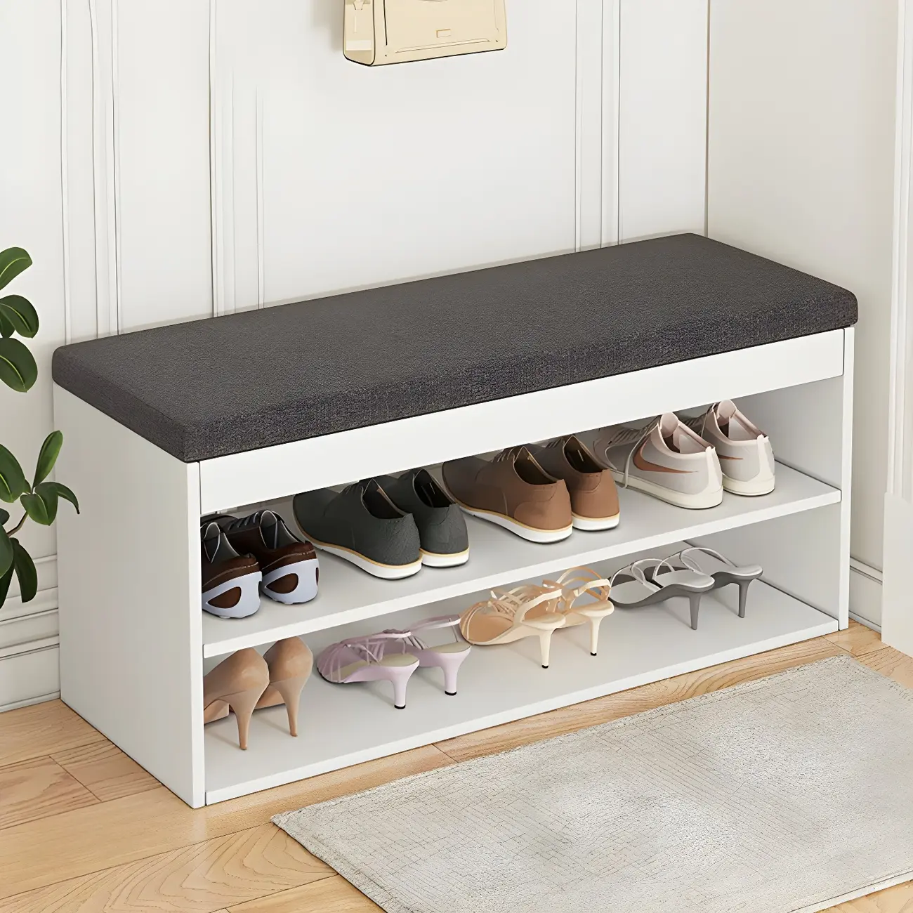 Entryway Wooden Drop Front Shoe Storage Bench Padded Seat Image - 13 | homeyfad
