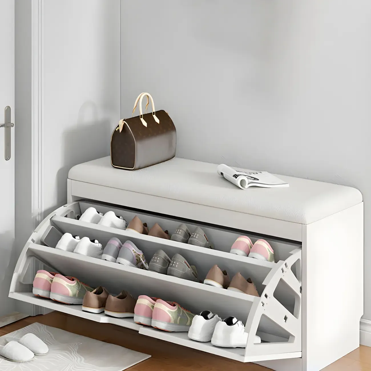 Entryway Wooden Drop Front Shoe Storage Bench Padded Seat Image - 8