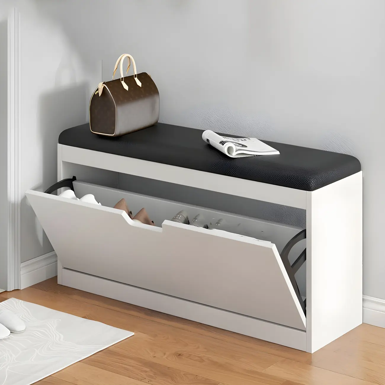 Entryway Wooden Drop Front Shoe Storage Bench Padded Seat Image - 9 | homeyfad