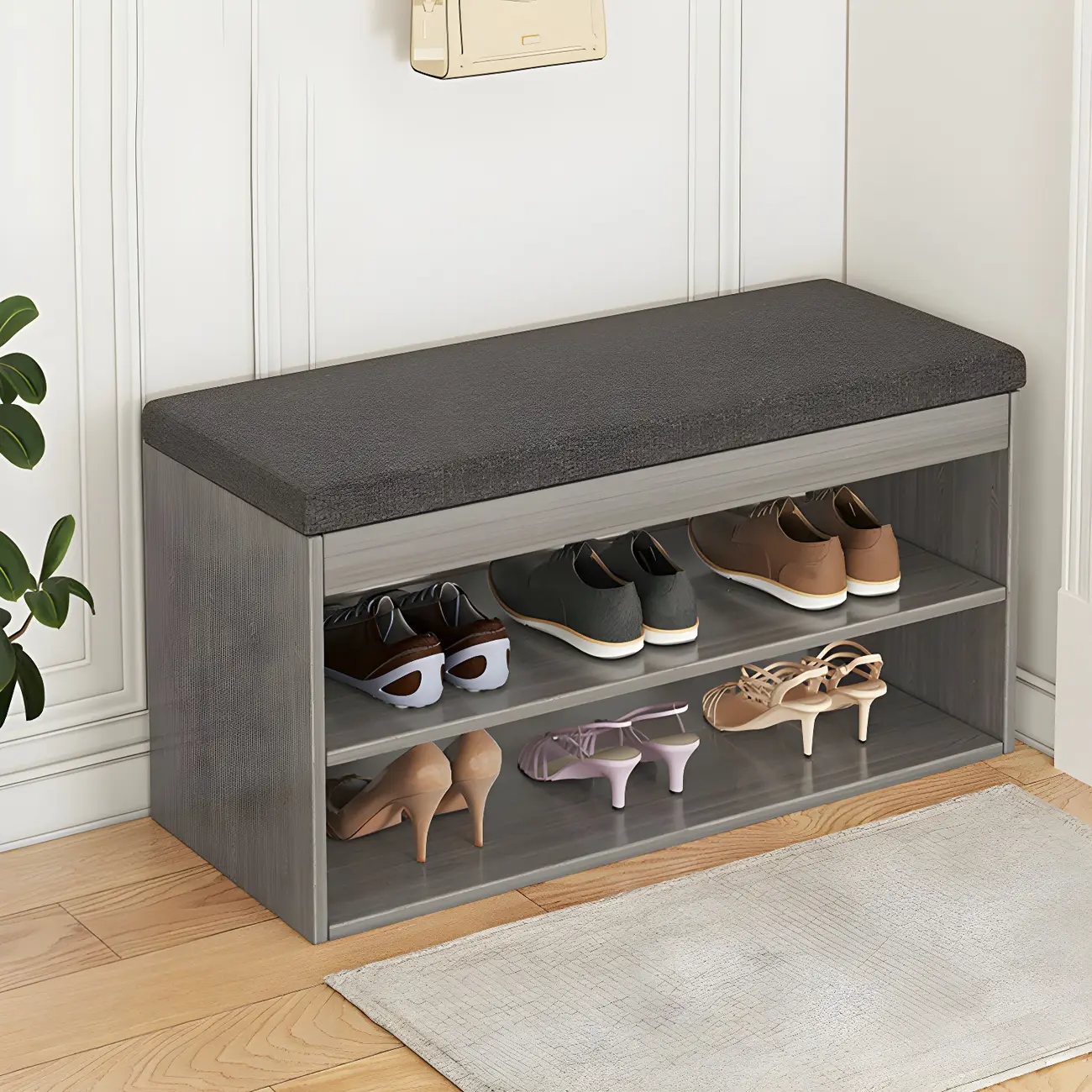 Entryway Wooden Drop Front Shoe Storage Bench Padded Seat Image - 15 | homeyfad