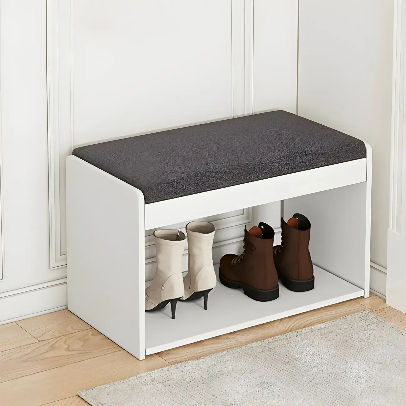 Entryway Wooden Drop Front Shoe Storage Bench Padded Seat Image - 12