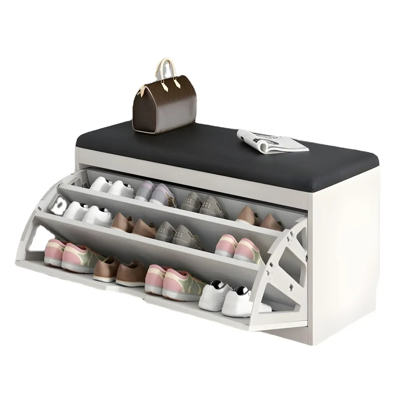 Entryway Wooden Drop Front Shoe Storage Bench Padded Seat Image - 17