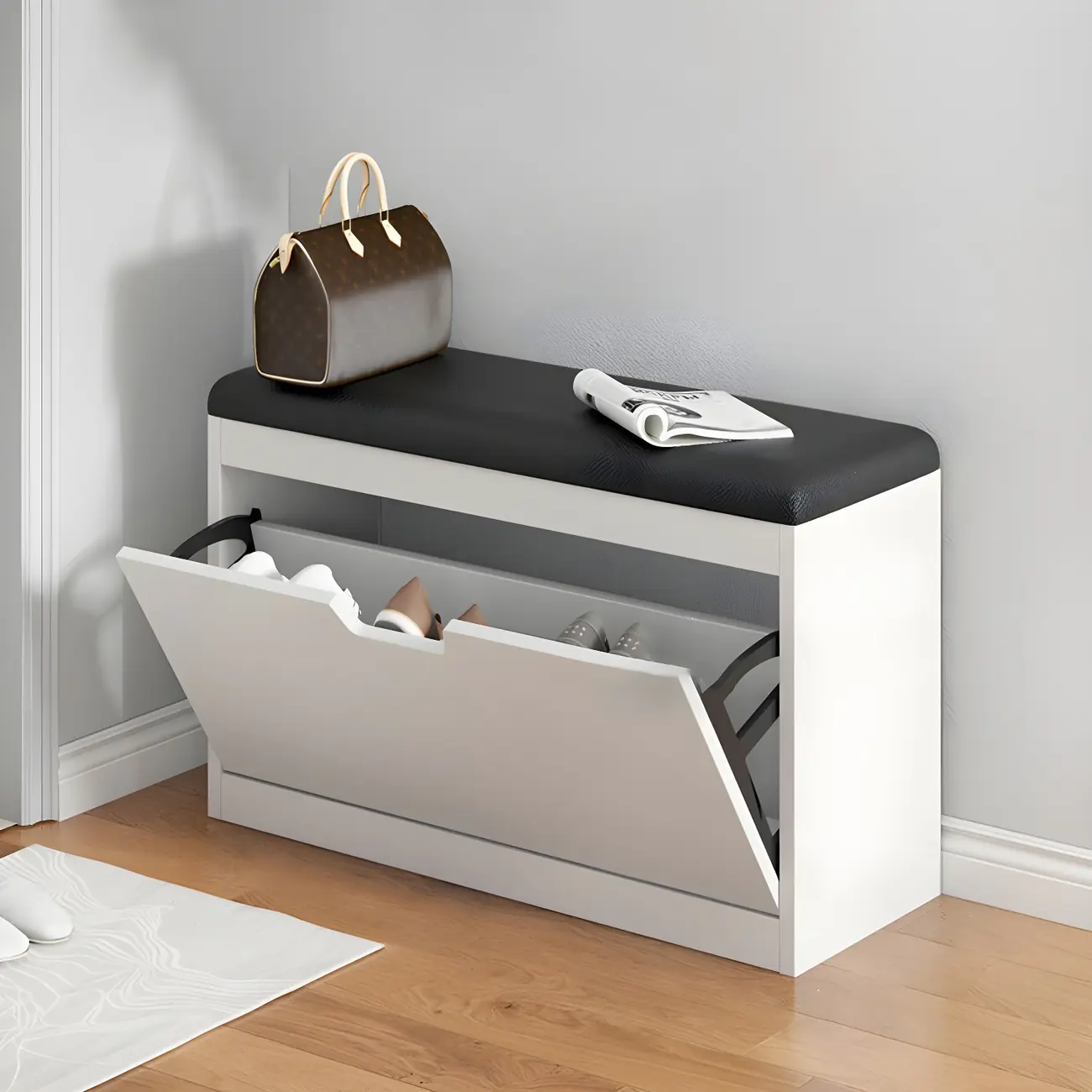 Entryway Wooden Drop Front Shoe Storage Bench Padded Seat Image - 3 | homeyfad