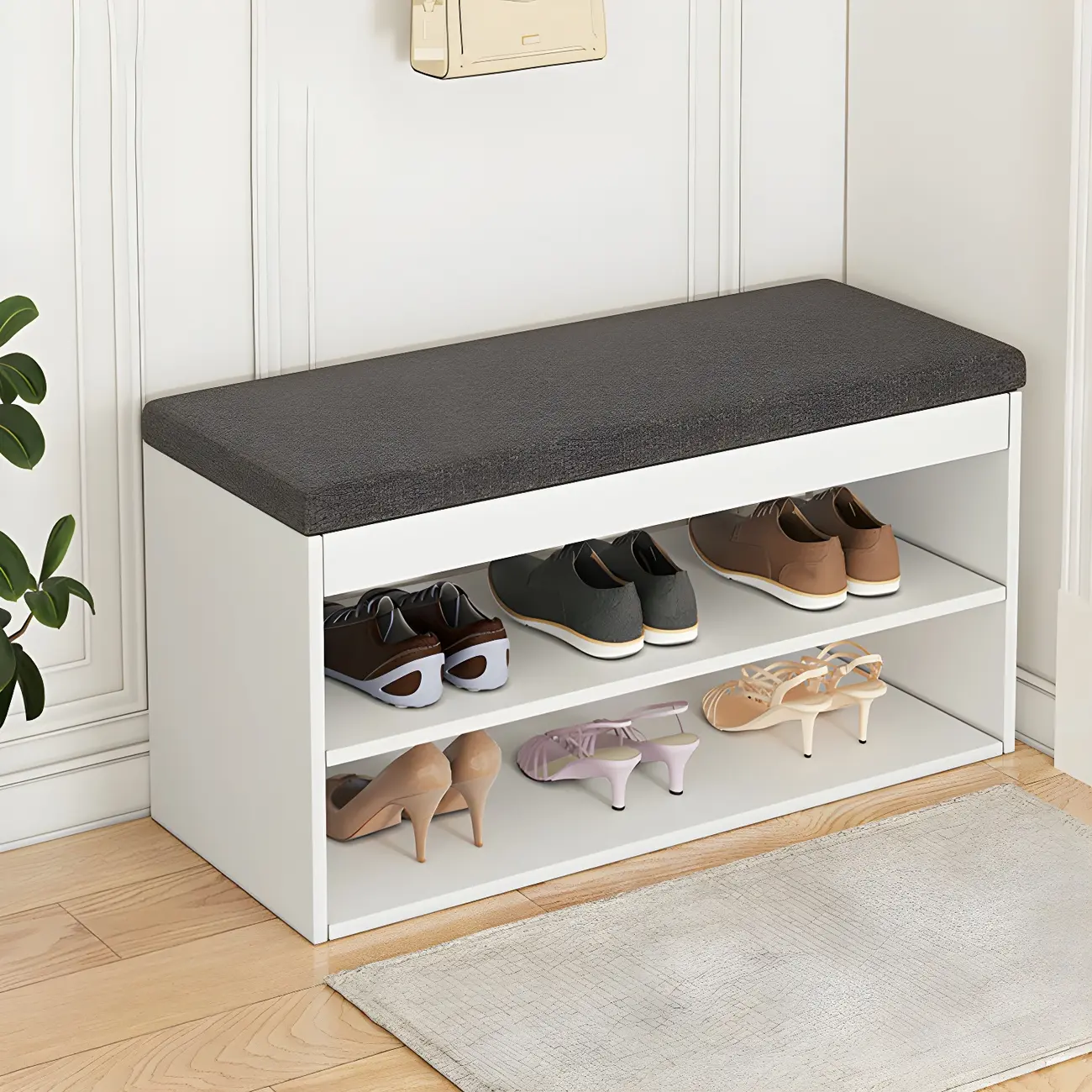 Entryway Wooden Drop Front Shoe Storage Bench Padded Seat Image - 14 | homeyfad