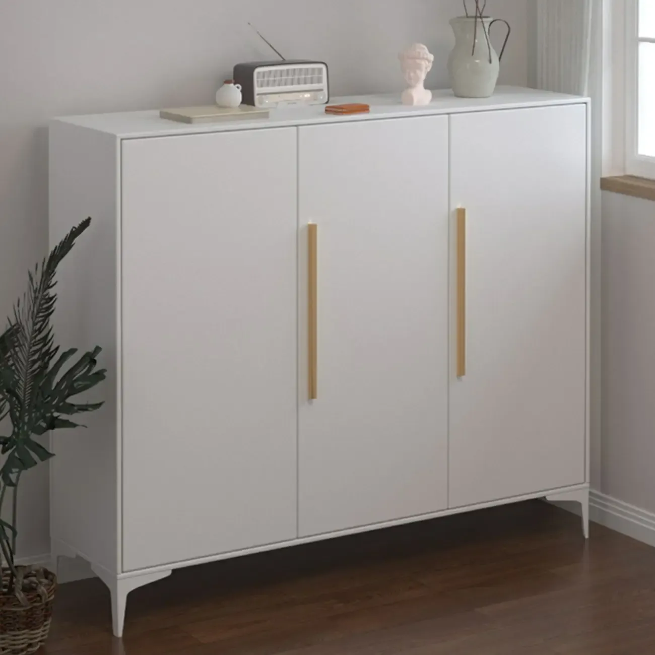 Modern White-Gray Metal Hallway Shoe Storage Cabinet Image - 3