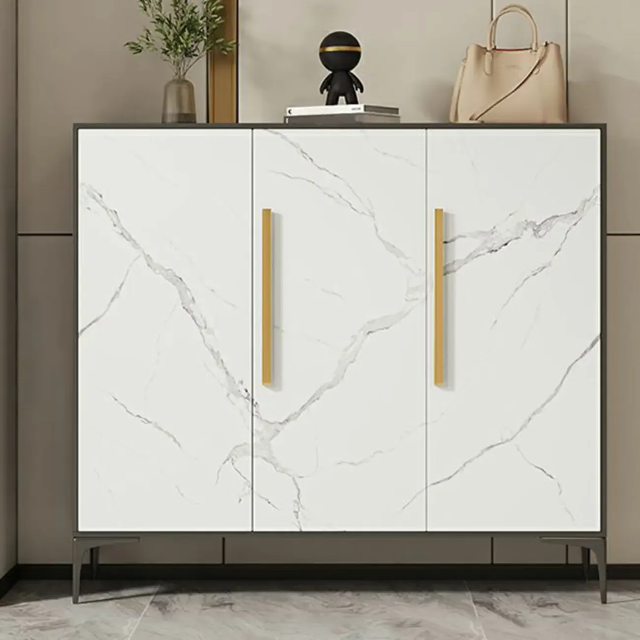 Modern White-Gray Metal Hallway Shoe Storage Cabinet Image - 7