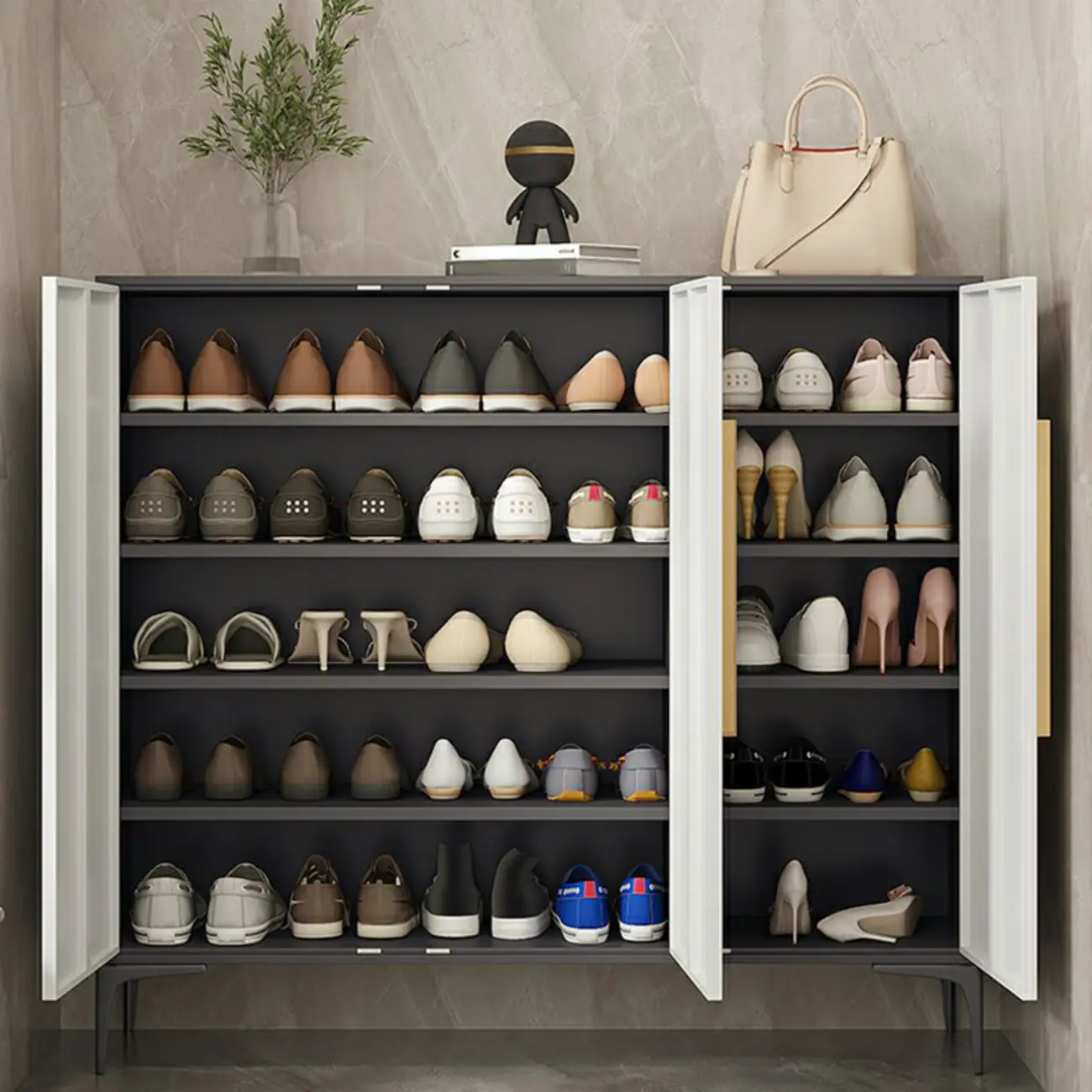 Modern White-Gray Metal Hallway Shoe Storage Cabinet Image - 12 | homeyfad