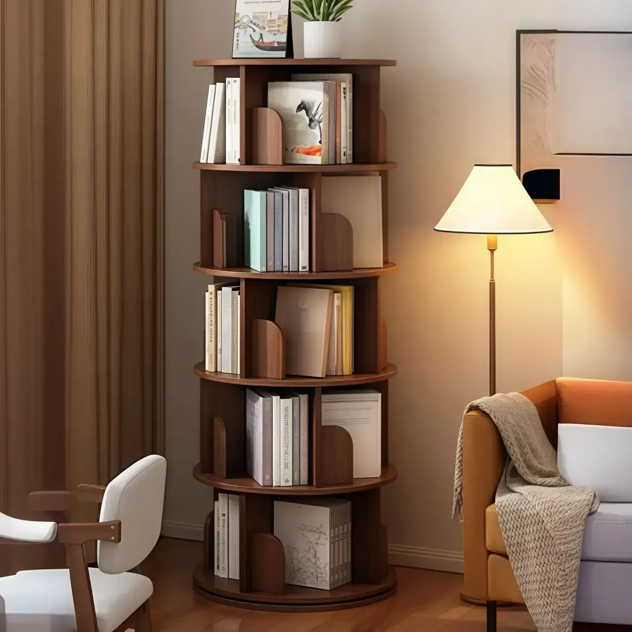 Brown Cylindrical Wooden Rotating Open-Back Bookcase Image - 1
