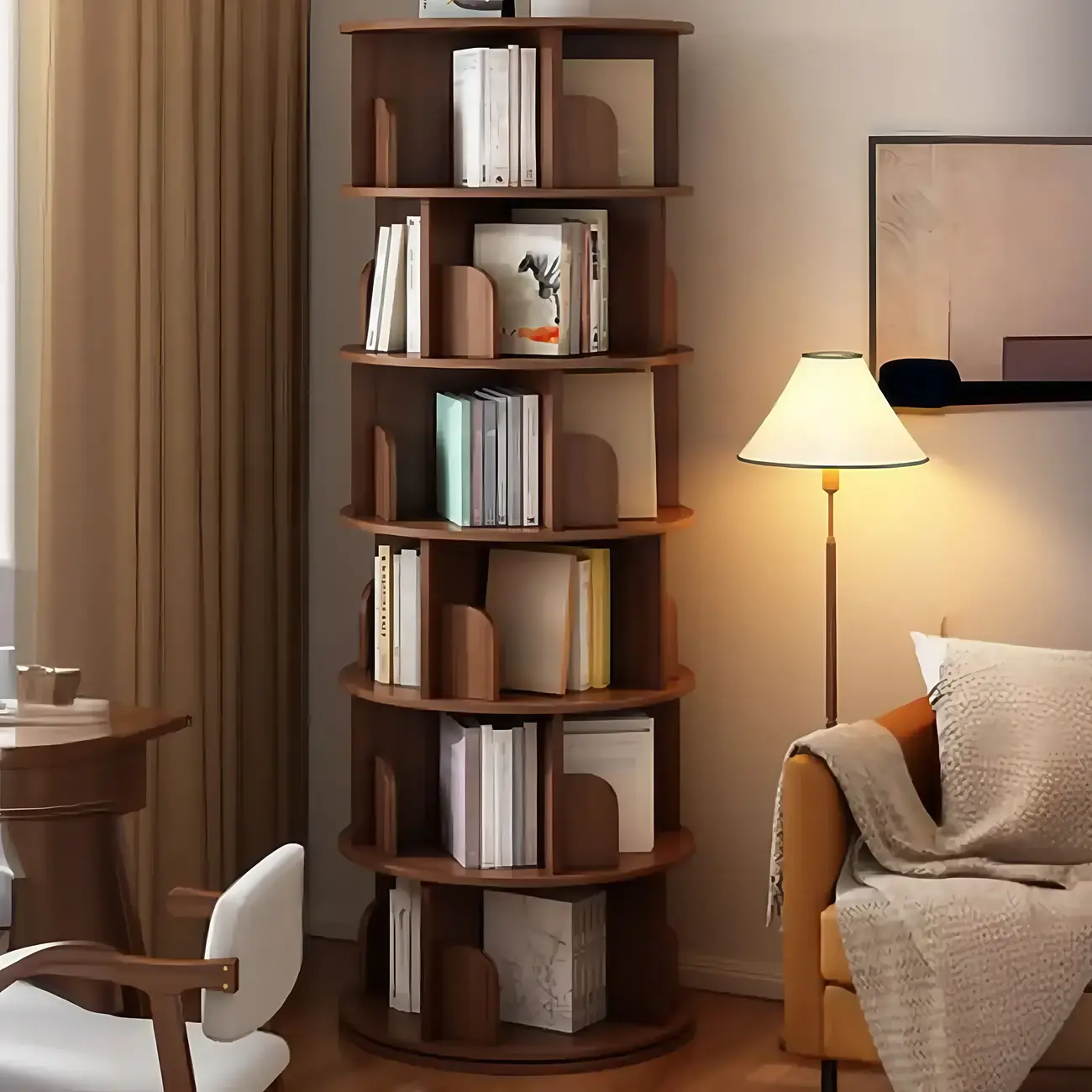Brown Cylindrical Wooden Rotating Open-Back Bookcase Image - 6 | homeyfad