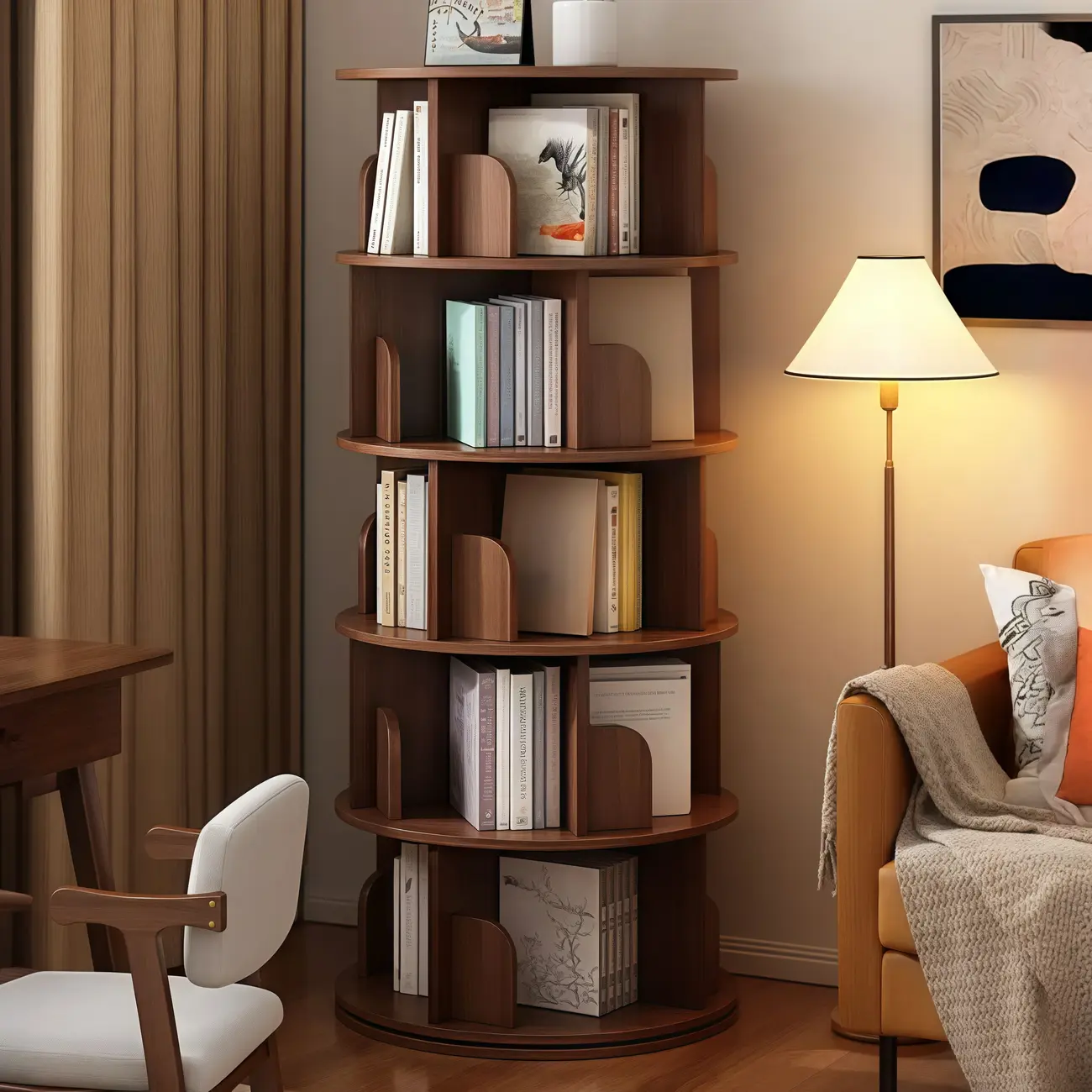 Brown Cylindrical Wooden Rotating Open-Back Bookcase Image - 7 | homeyfad