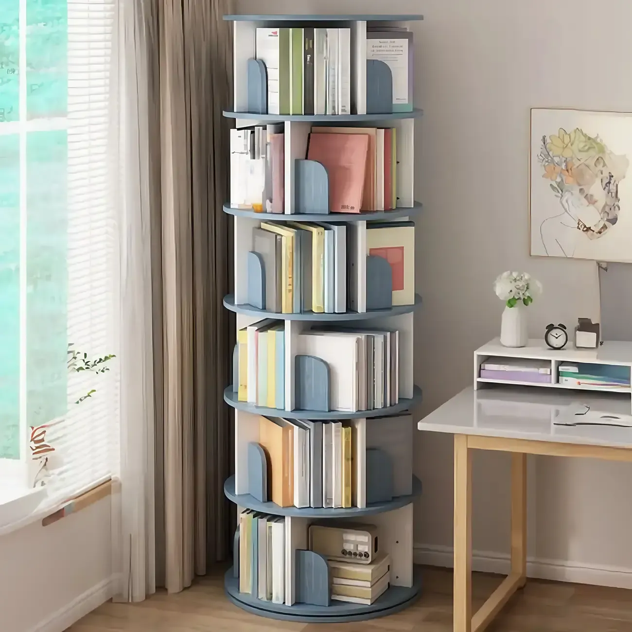 Brown Cylindrical Wooden Rotating Open-Back Bookcase Image - 4
