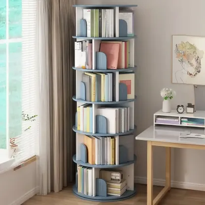 Brown Cylindrical Wooden Rotating Open-Back Bookcase Image - 4