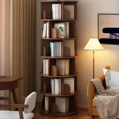 Brown Cylindrical Wooden Rotating Open-Back Bookcase Image - 9