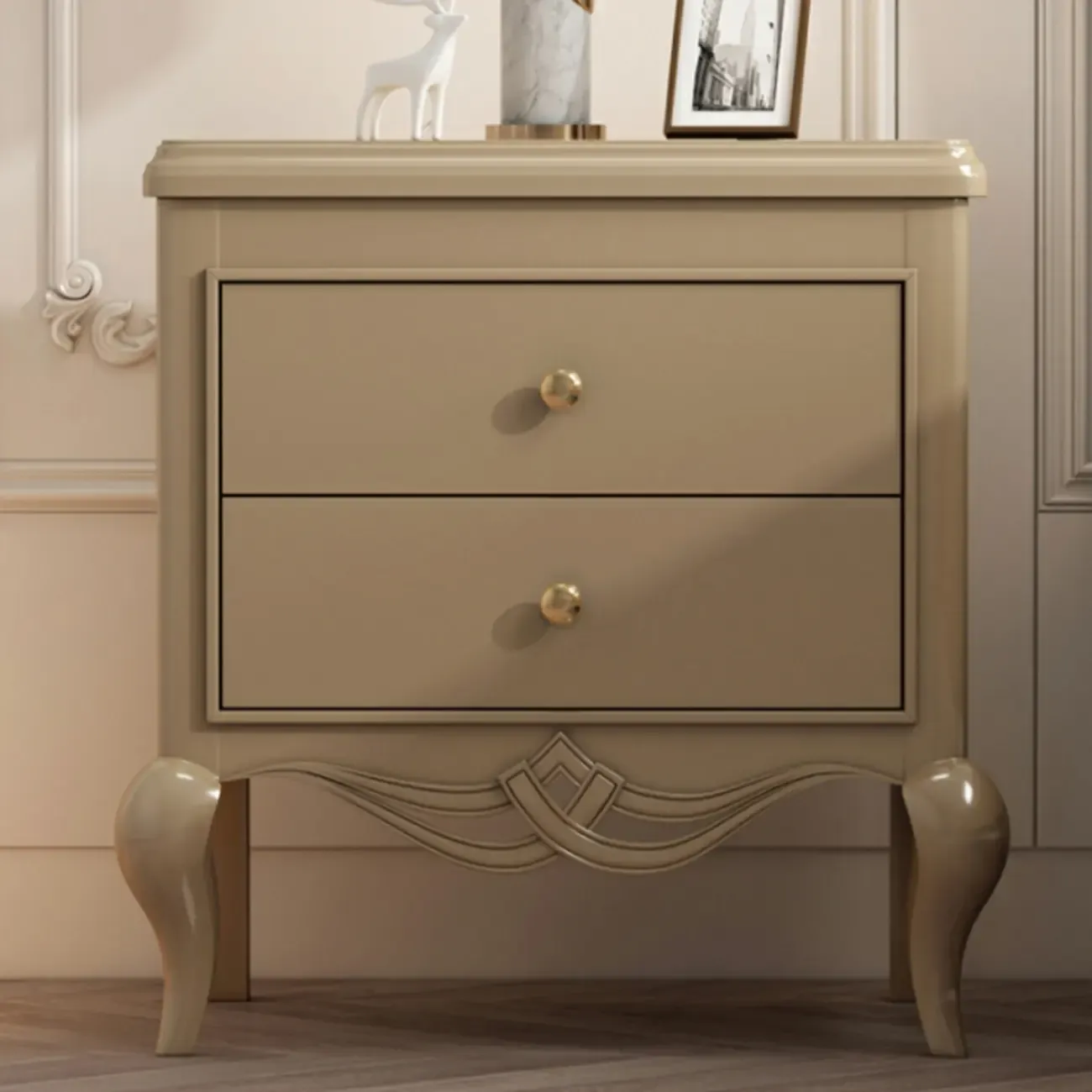 Glam Rubberwood White 2-Drawer Nightstand with Legs Image - 3