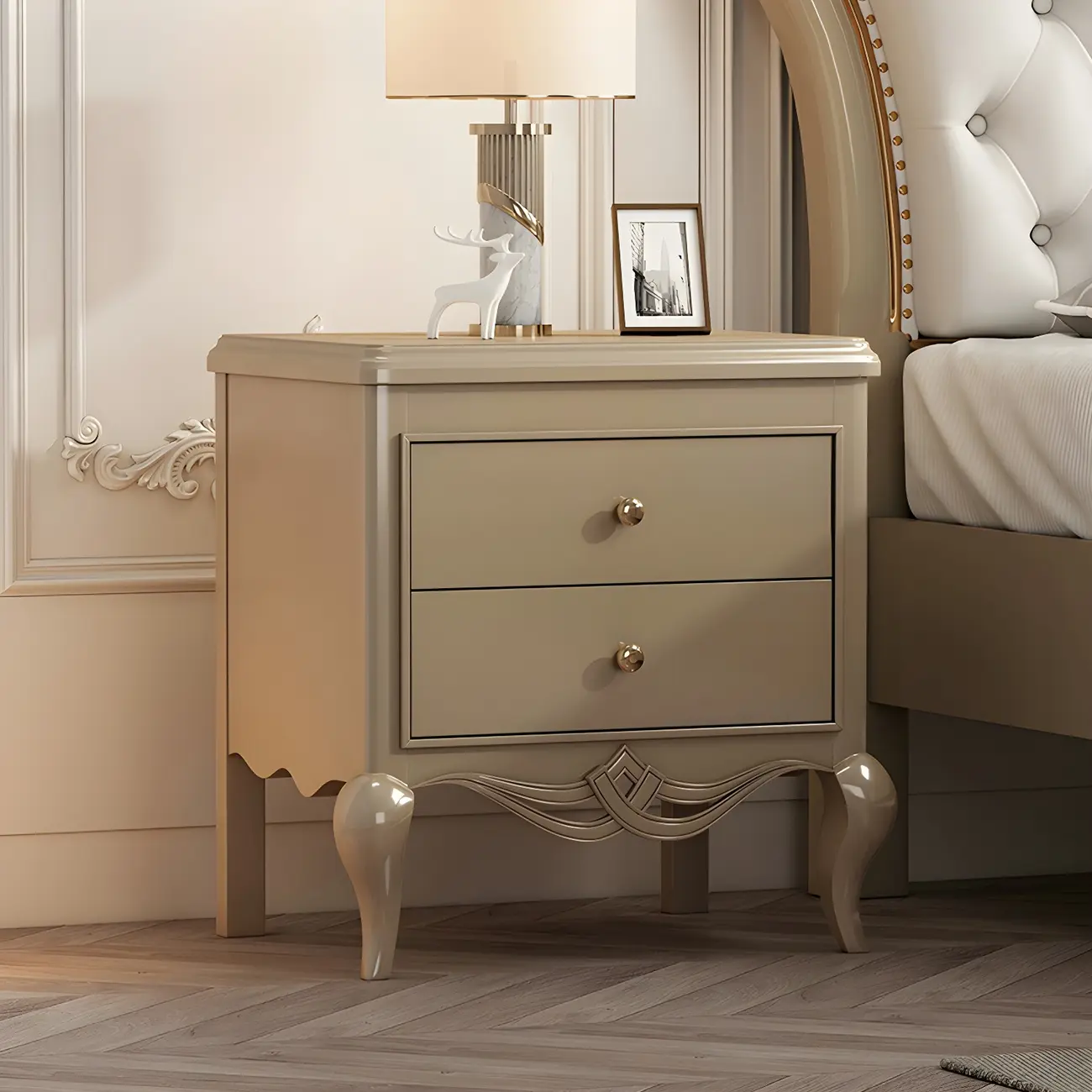 Glam Rubberwood White 2-Drawer Nightstand with Legs Image - 4 | homeyfad