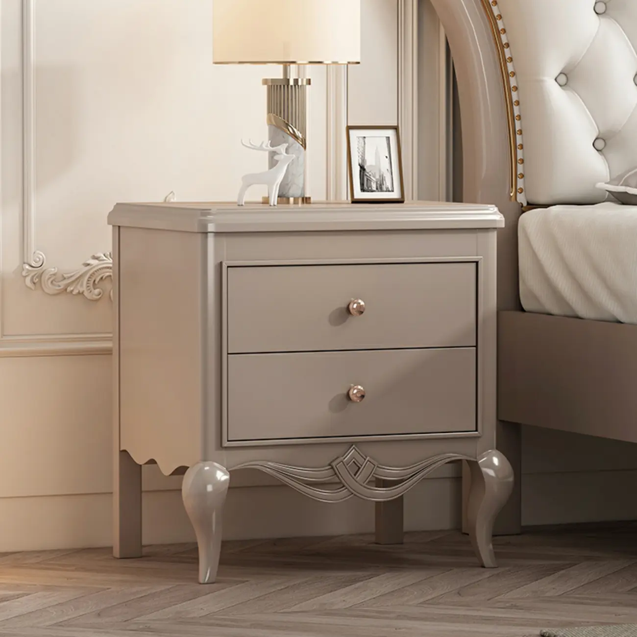 Glam Rubberwood White 2-Drawer Nightstand with Legs Image - 5 | homeyfad