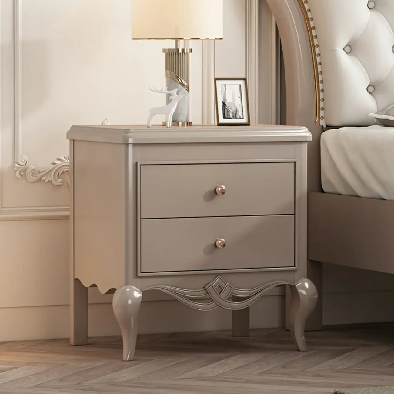Glam Rubberwood White 2-Drawer Nightstand with Legs Image - 5