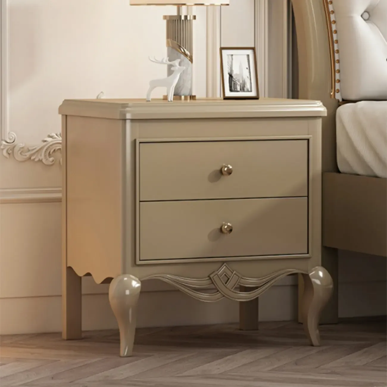 Glam Rubberwood White 2-Drawer Nightstand with Legs Image - 6