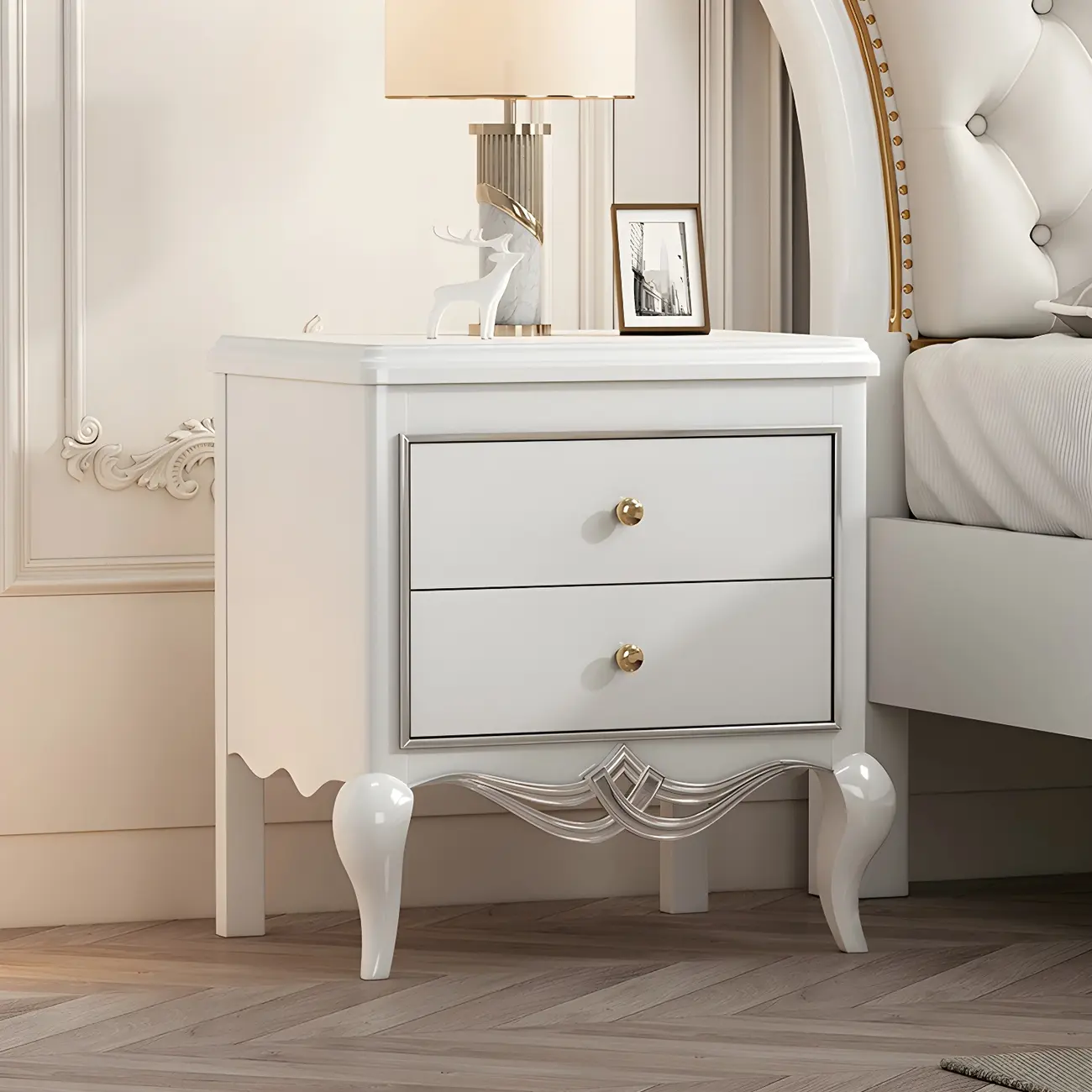 Glam Rubberwood White 2-Drawer Nightstand with Legs Image - 1 | homeyfad