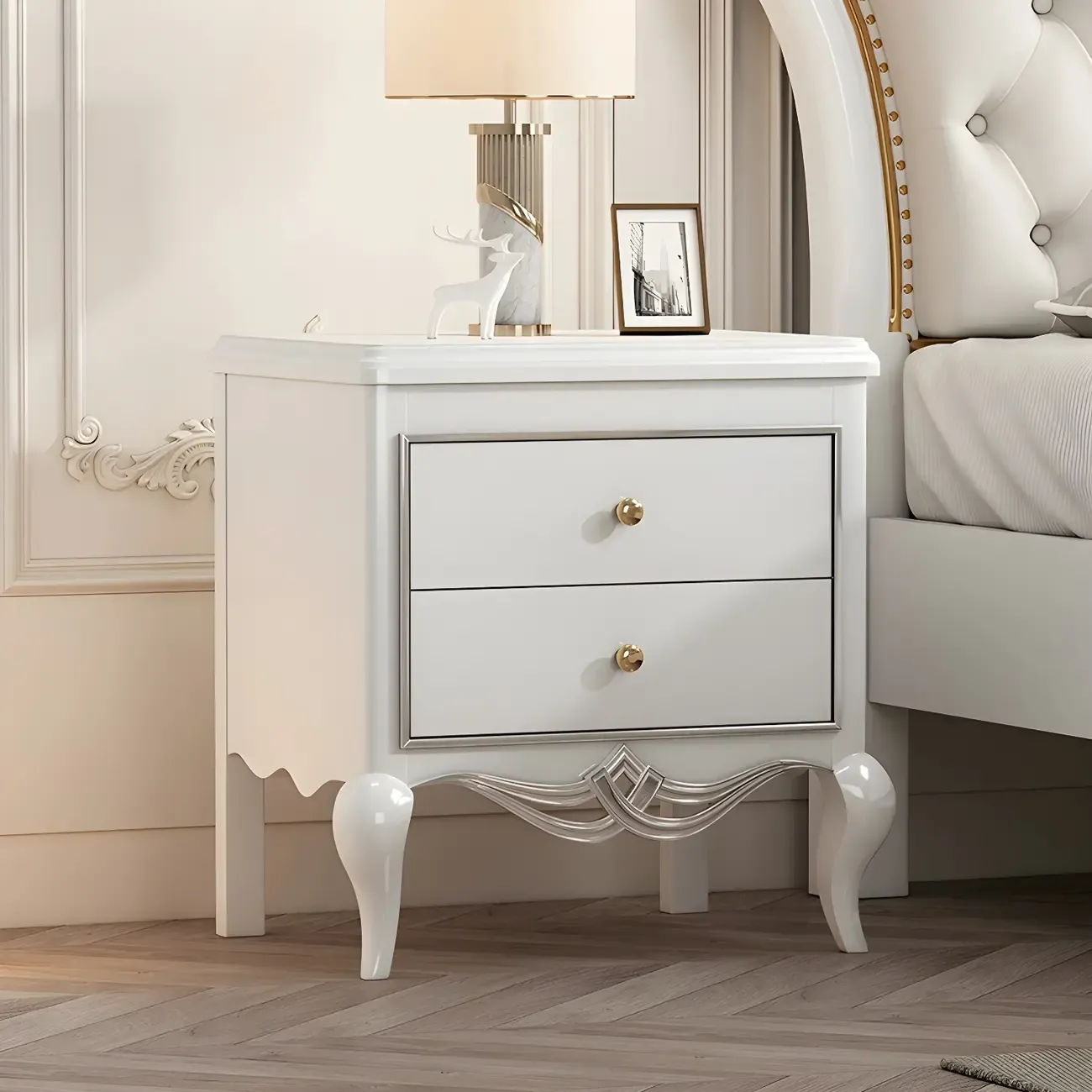 Glam Rubberwood White 2-Drawer Nightstand with Legs Image - 1