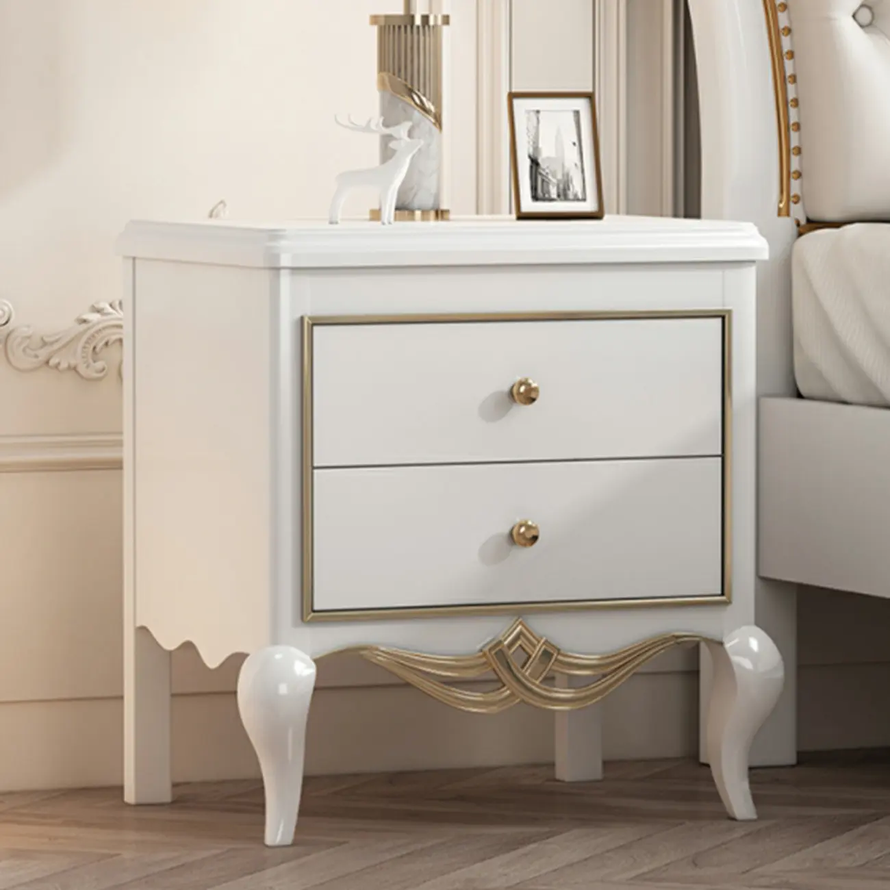 Glam Rubberwood White 2-Drawer Nightstand with Legs Image - 2 | homeyfad