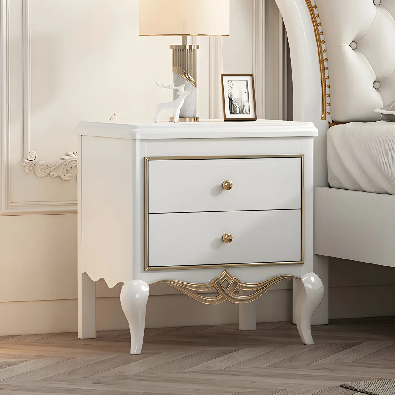 Glam Rubberwood White 2-Drawer Nightstand with Legs Image - 7 | homeyfad