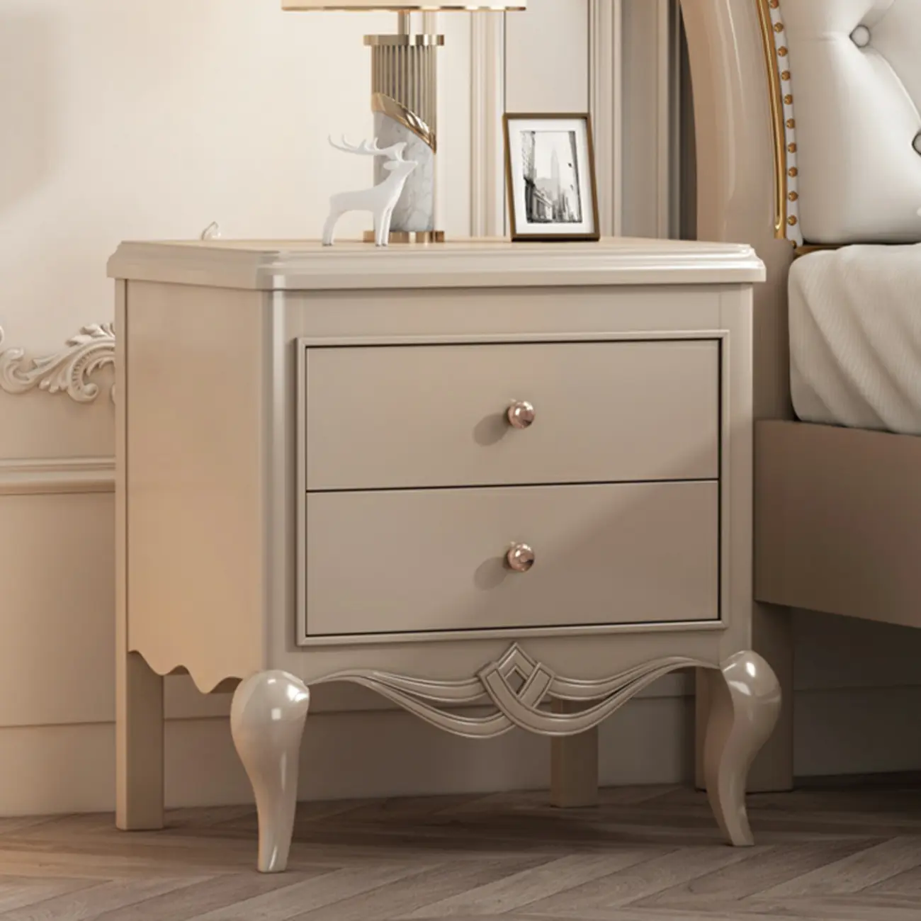 Glam Rubberwood White 2-Drawer Nightstand with Legs Image - 8 | homeyfad