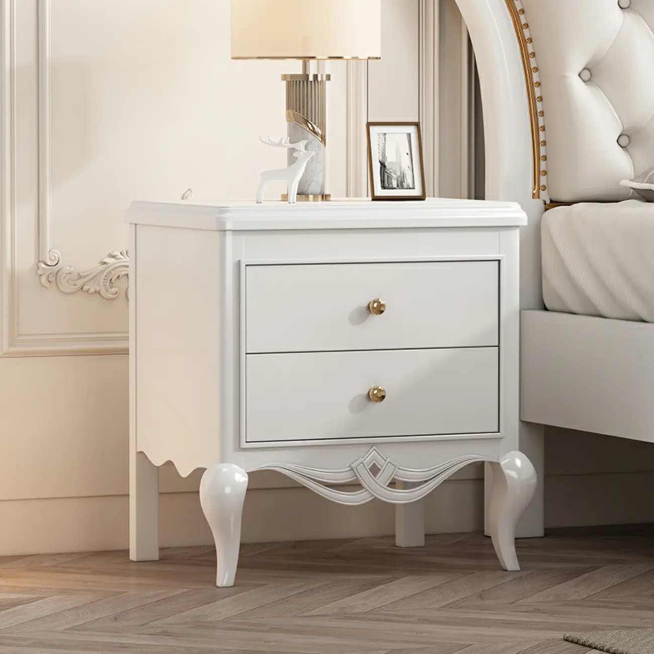 Glam Rubberwood White 2-Drawer Nightstand with Legs Image - 9 | homeyfad