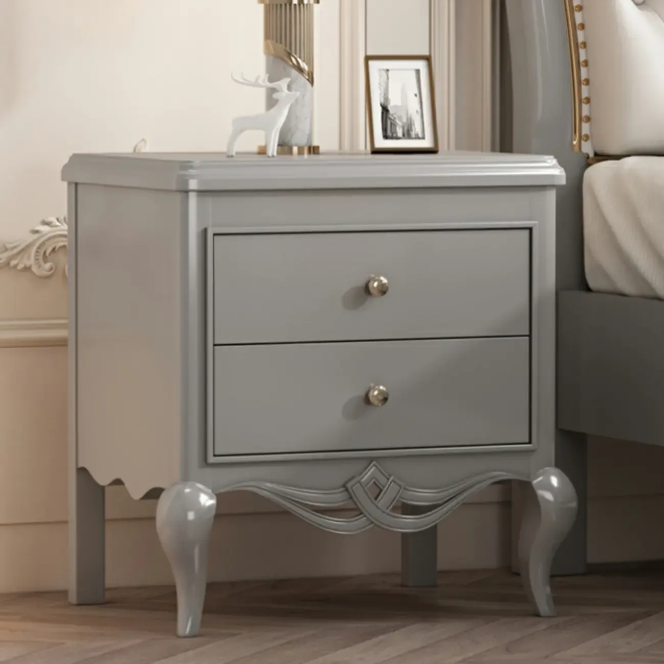 Glam Rubberwood White 2-Drawer Nightstand with Legs Image - 15
