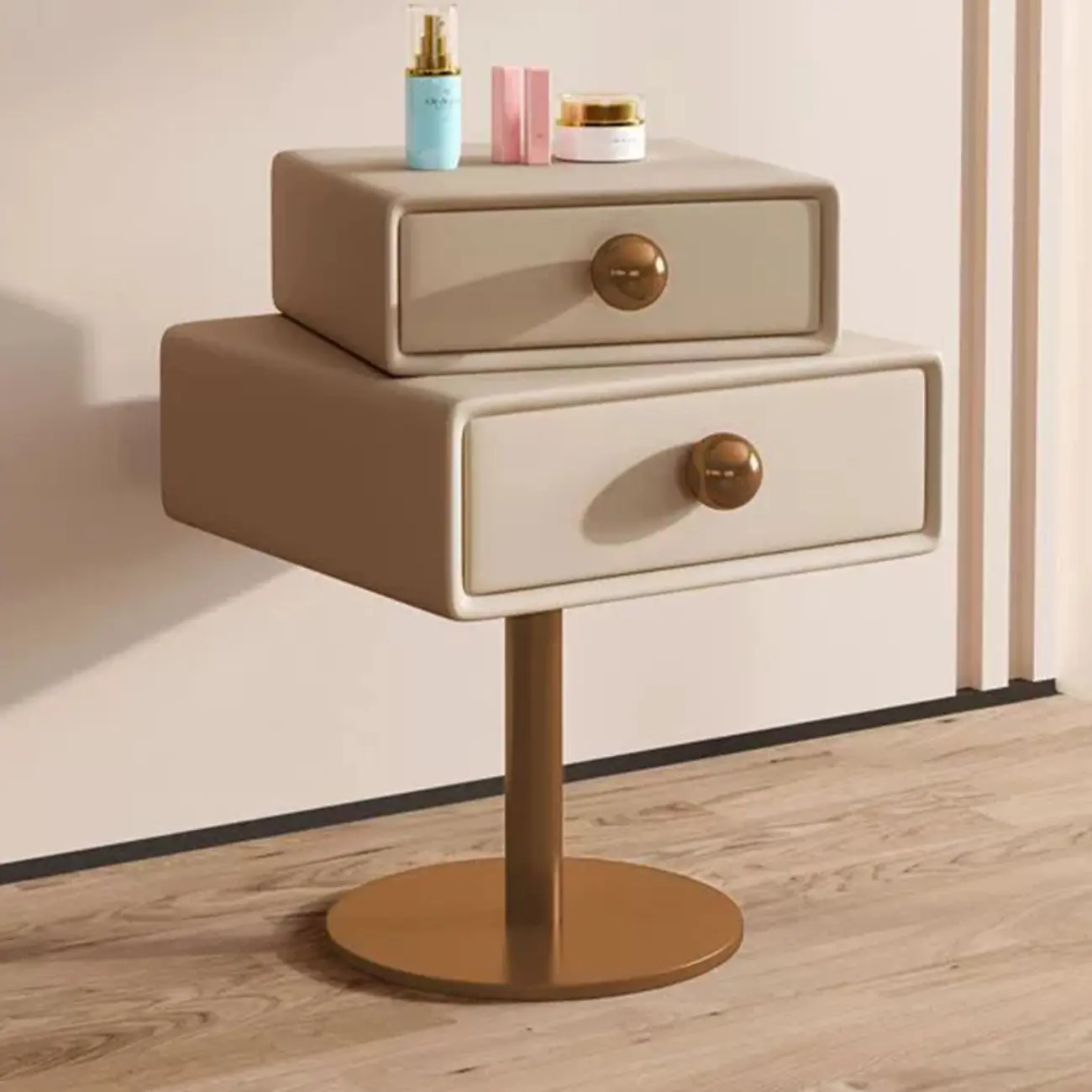 Modern Metal Faux Leather Swivel 2-Drawer Nightstand Image - 2 | homeyfad