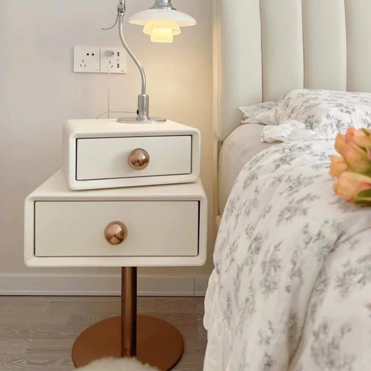 Modern Metal Faux Leather Swivel 2-Drawer Nightstand Image - 4 | homeyfad