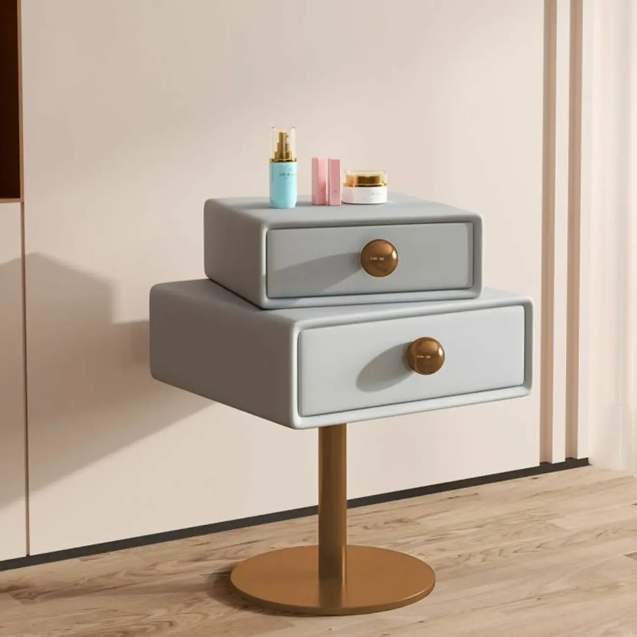 Modern Metal Faux Leather Swivel 2-Drawer Nightstand Image - 14