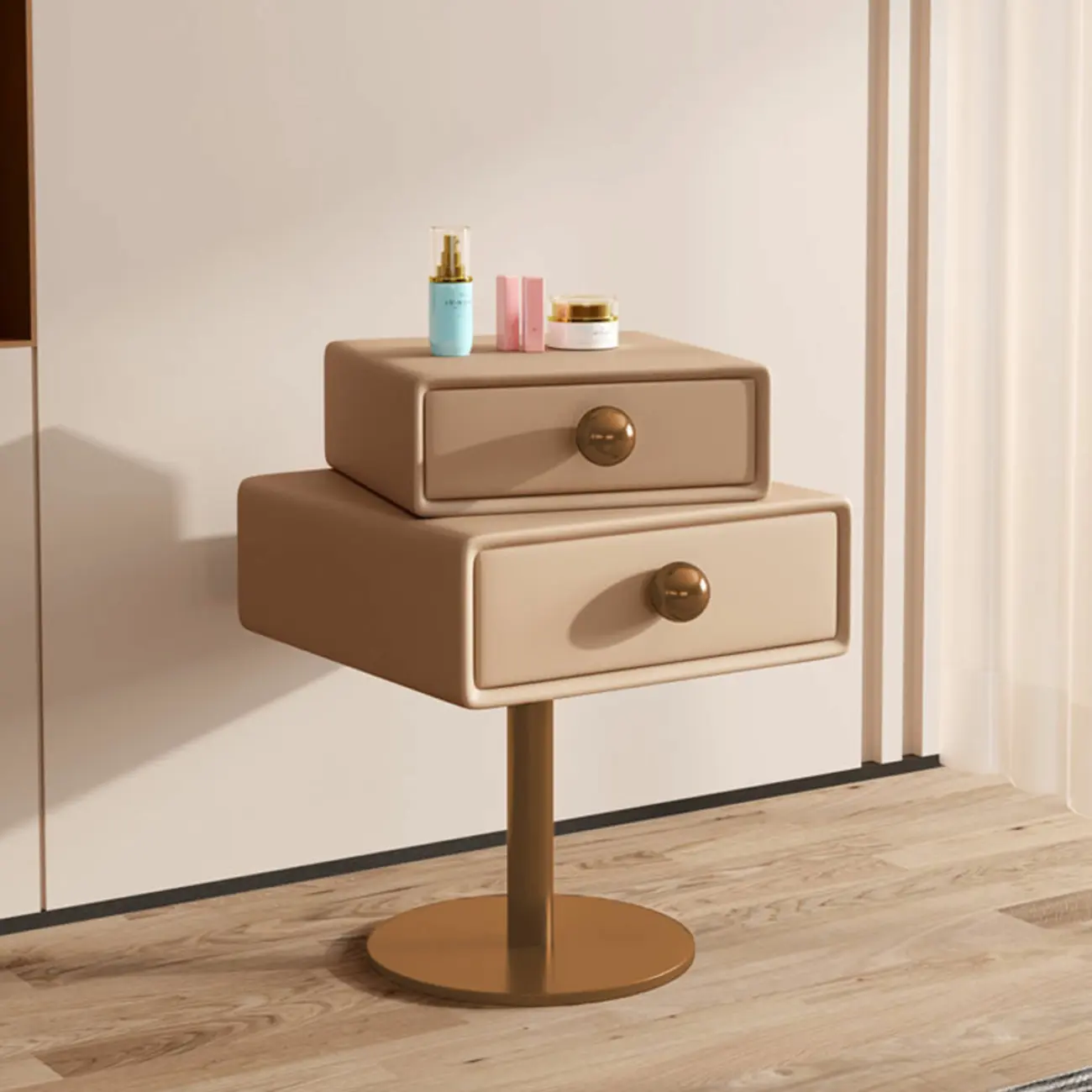 Modern Metal Faux Leather Swivel 2-Drawer Nightstand Image - 15 | homeyfad