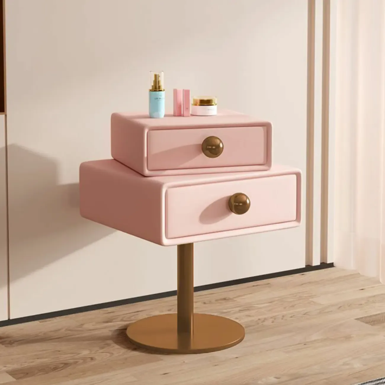 Modern Metal Faux Leather Swivel 2-Drawer Nightstand Image - 18