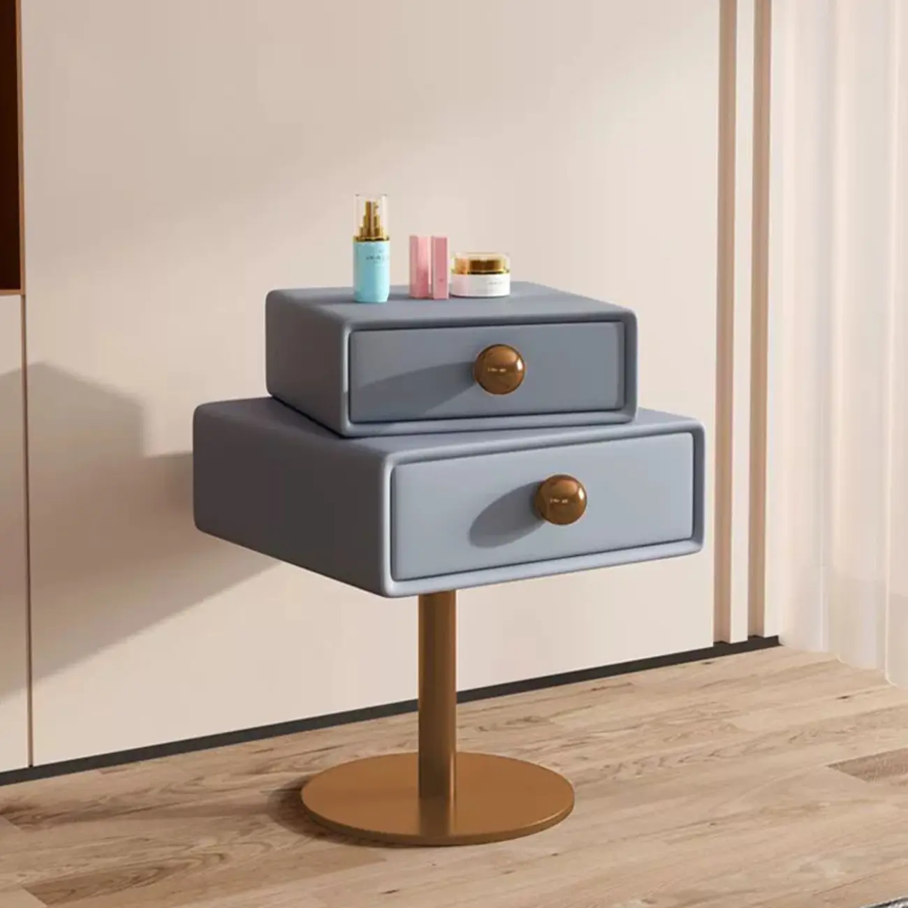 Modern Metal Faux Leather Swivel 2-Drawer Nightstand Image - 20 | homeyfad