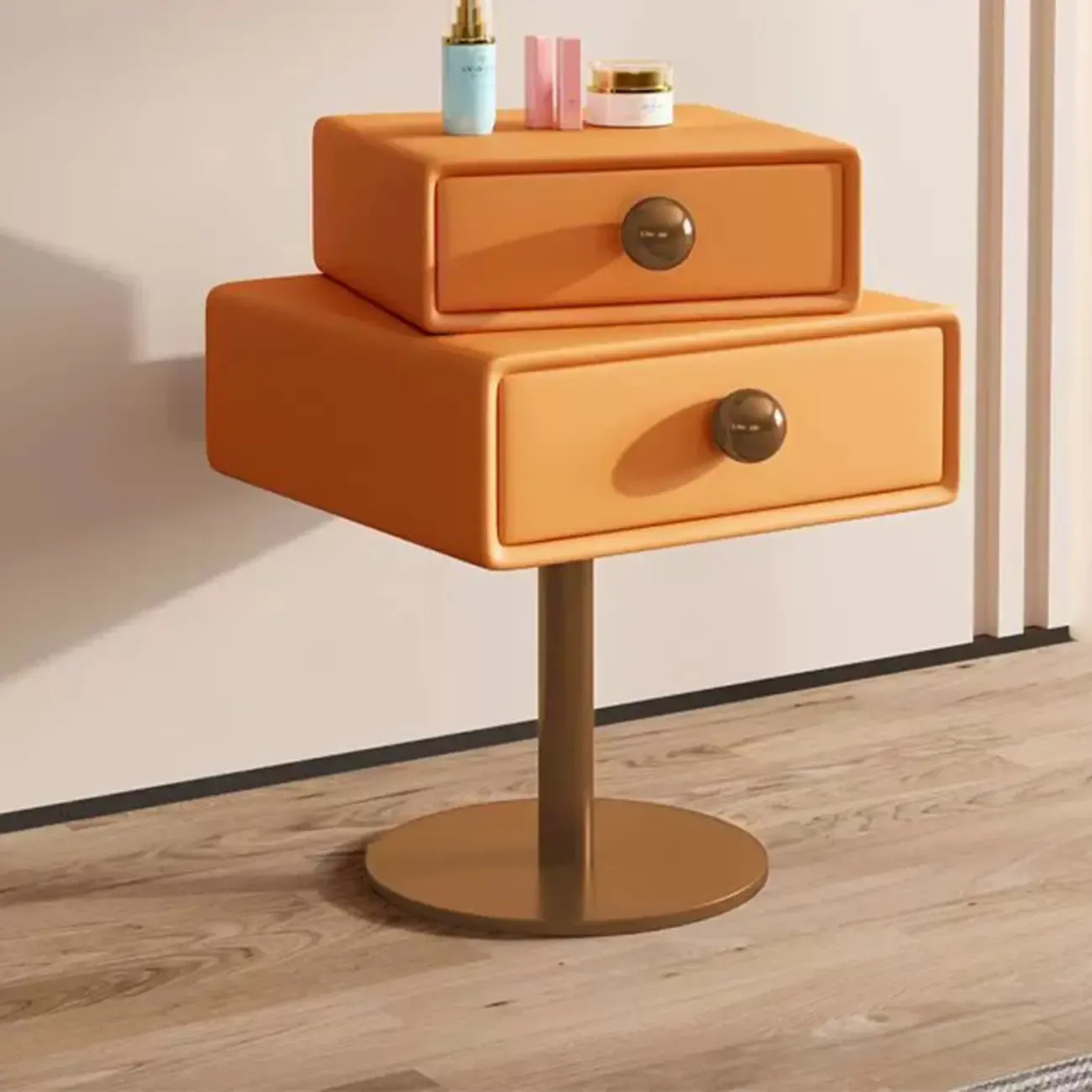 Modern Metal Faux Leather Swivel 2-Drawer Nightstand Image - 21