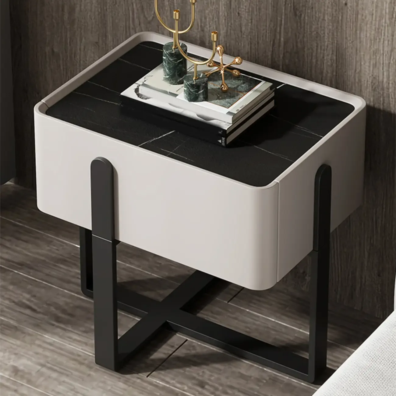 Modern Stone Top Leather Drawer Nightstand for Small Space Image - 4