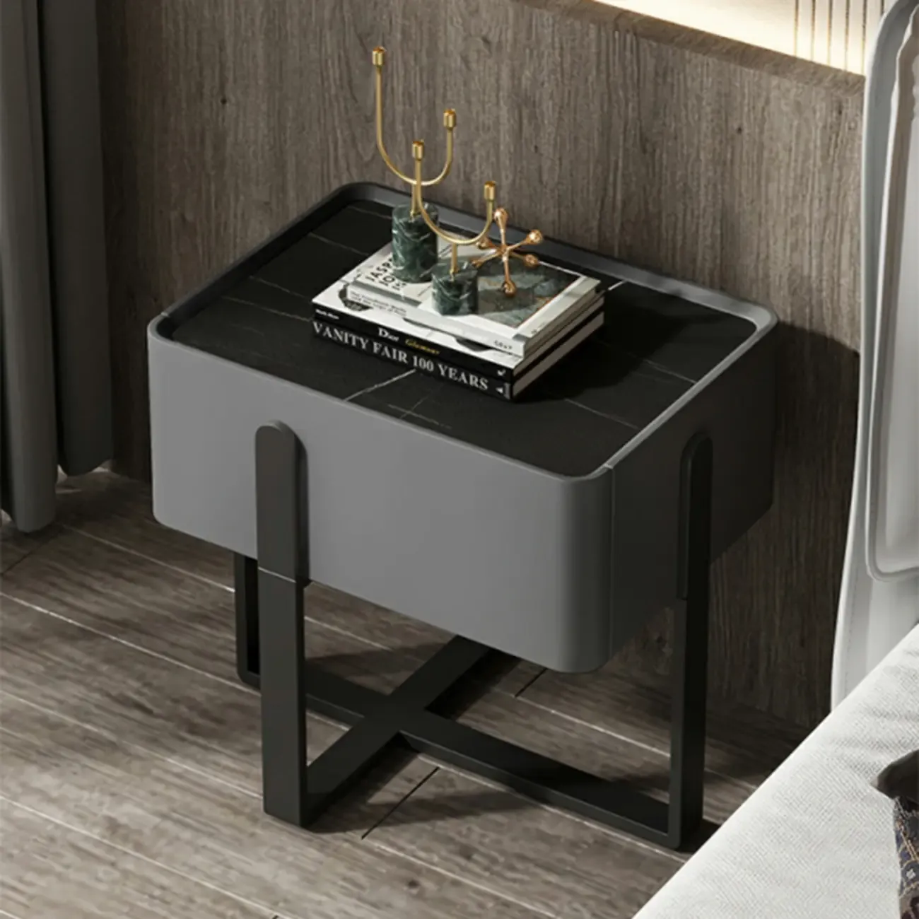 Modern Stone Top Leather Drawer Nightstand for Small Space Image - 3