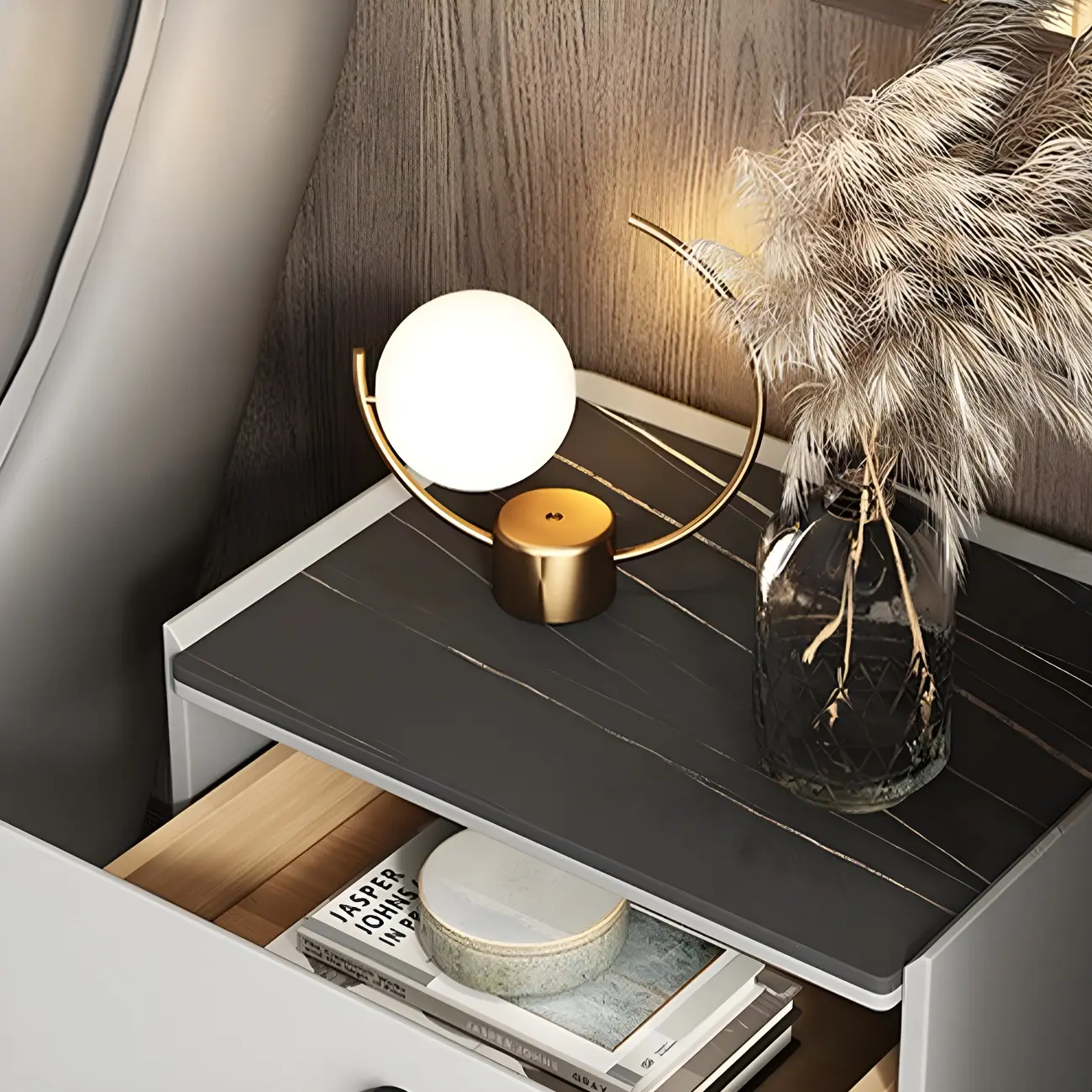 Modern Stone Top Leather Drawer Nightstand for Small Space Image - 6 | homeyfad