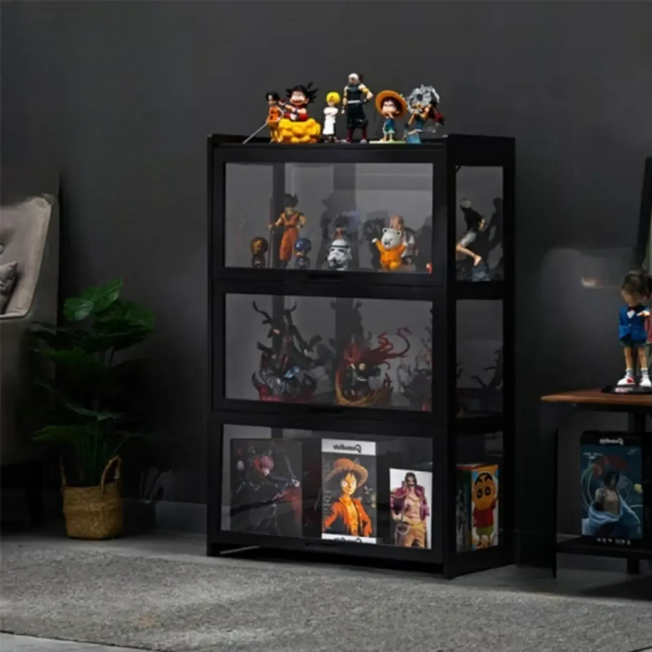 Modern Black Bamboo Glass Display Cabinet with Flip-up Door Image - 2