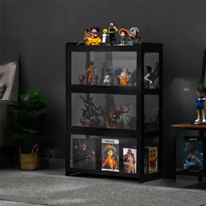 Modern Black Bamboo Glass Display Cabinet with Flip-up Door Image - 2