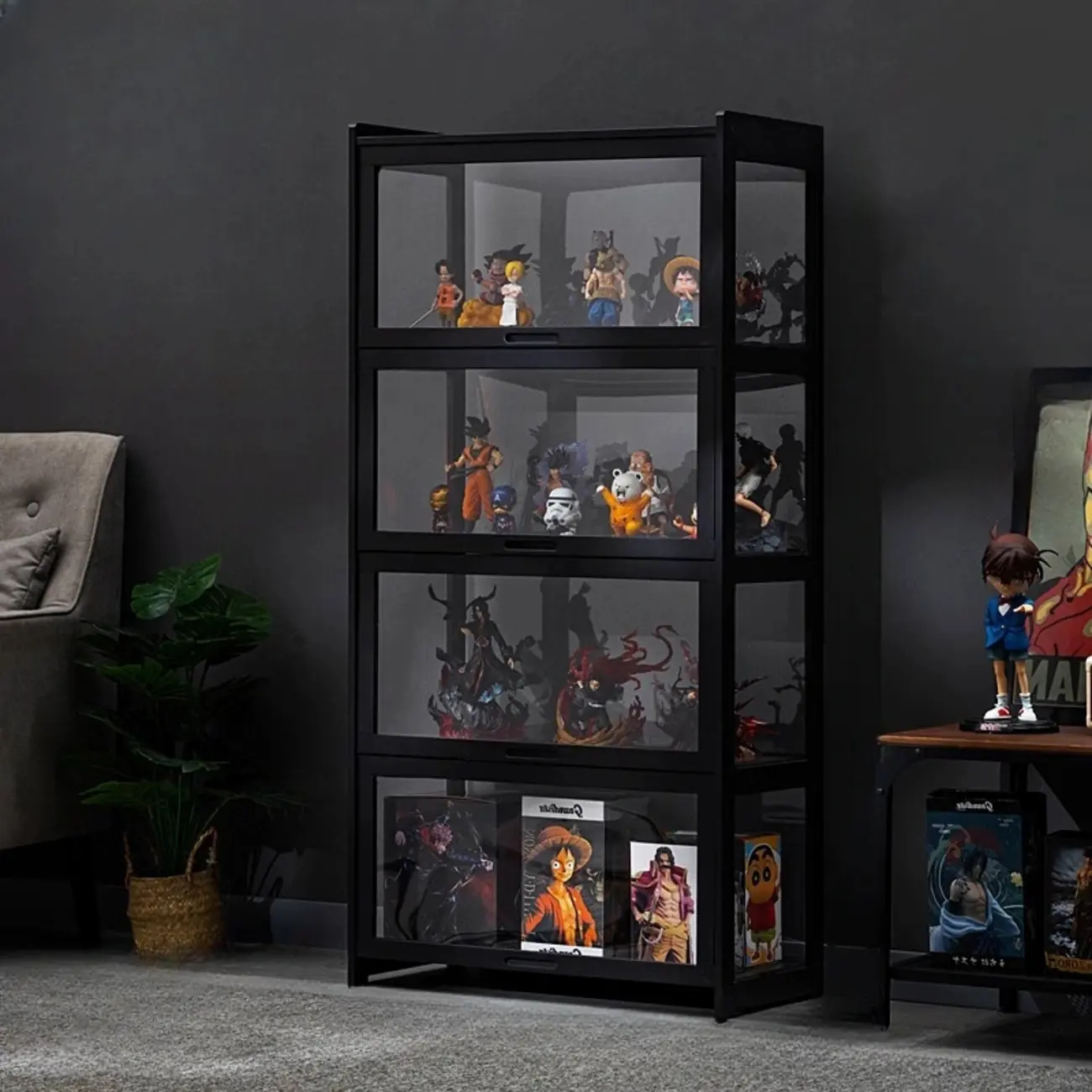 Modern Black Bamboo Glass Display Cabinet with Flip-up Door Image - 3 | homeyfad