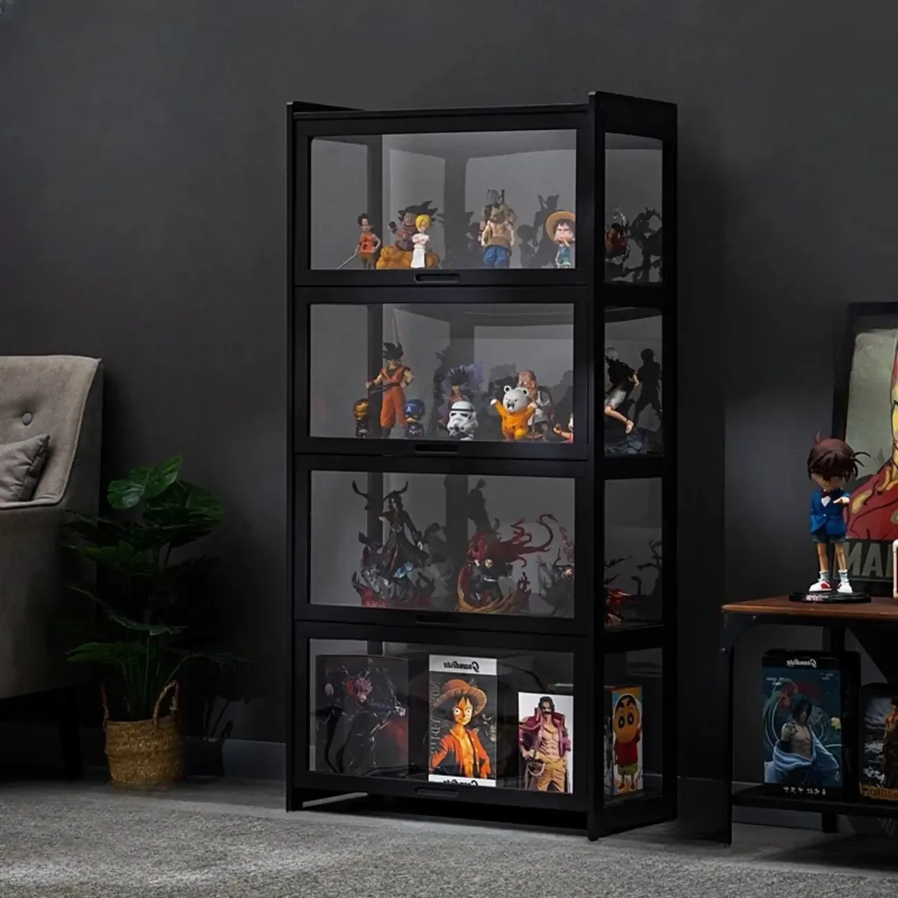 Modern Black Bamboo Glass Display Cabinet with Flip-up Door Image - 3