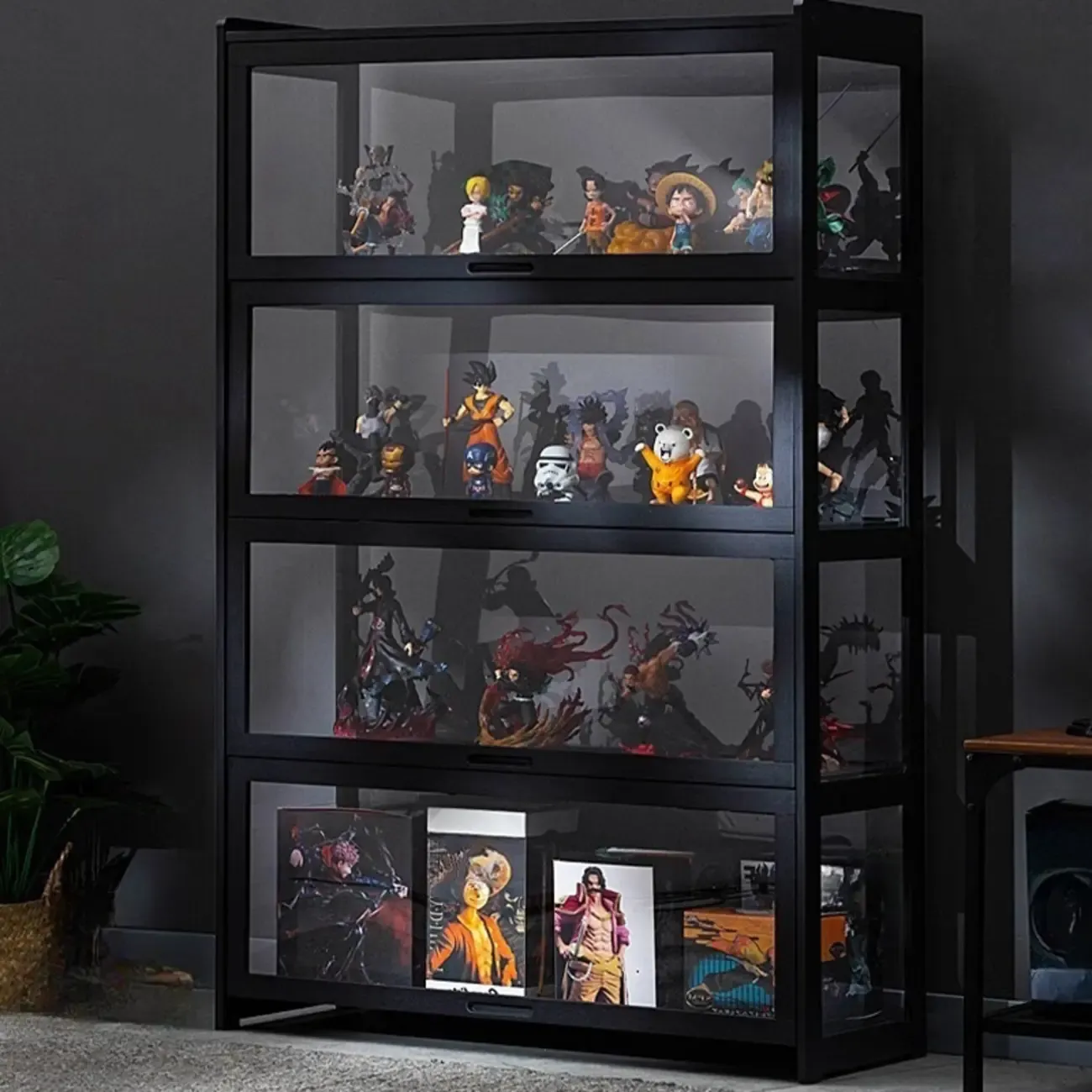 Modern Black Bamboo Glass Display Cabinet with Flip-up Door Image - 4