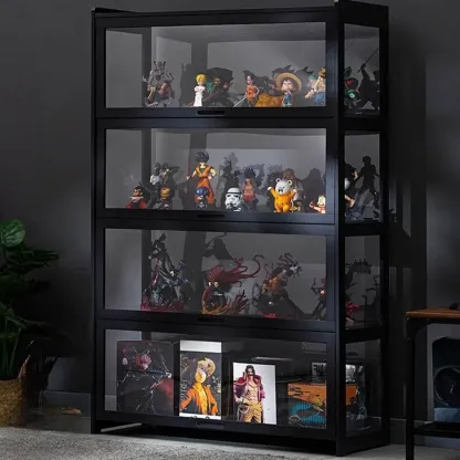 Modern Black Bamboo Glass Display Cabinet with Flip-up Door Image - 4